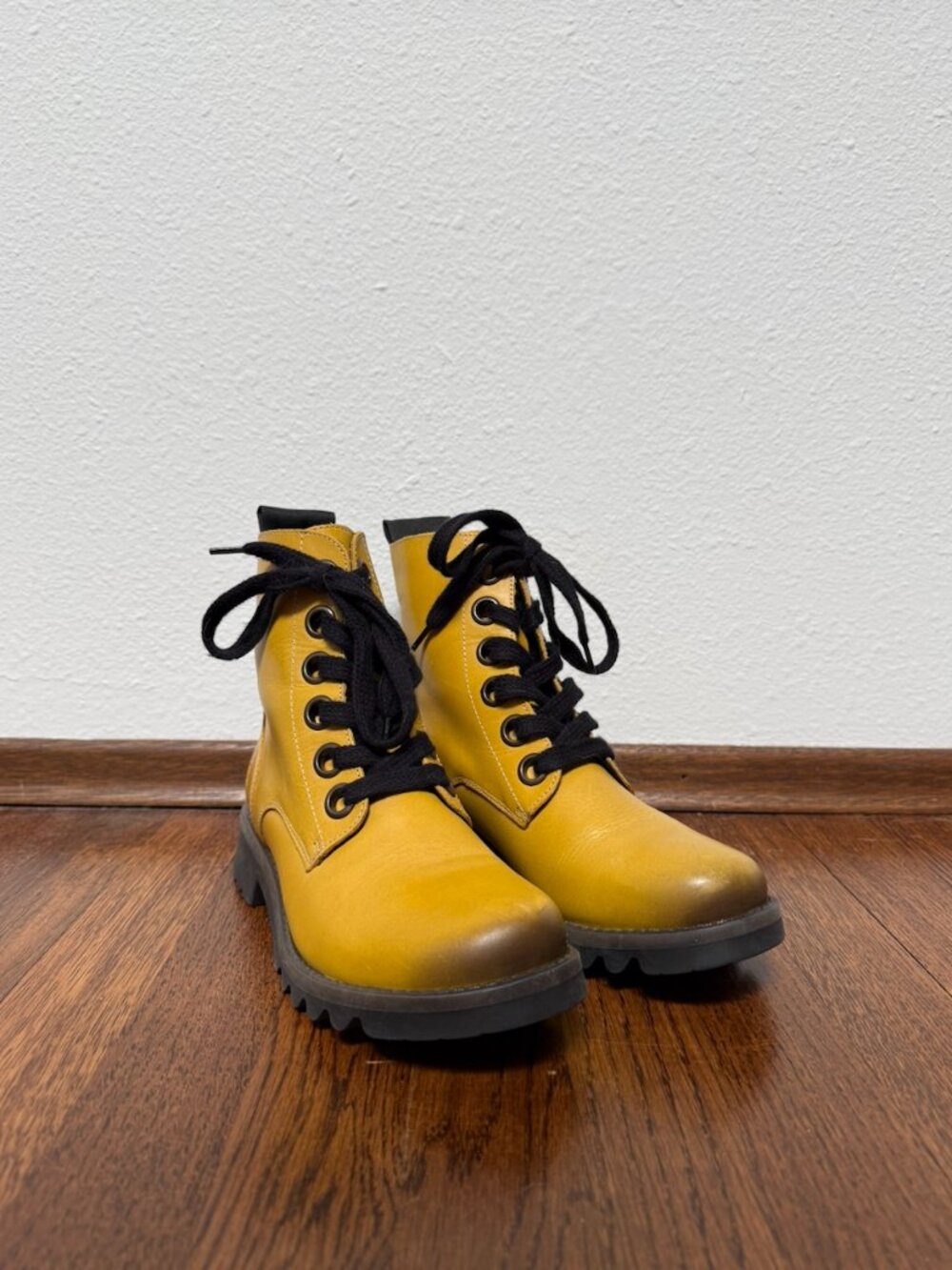 Fly London Ragi Combat Boot Mustard Yellow Lace Up Ankle Boots EU 38 US 7-7.5